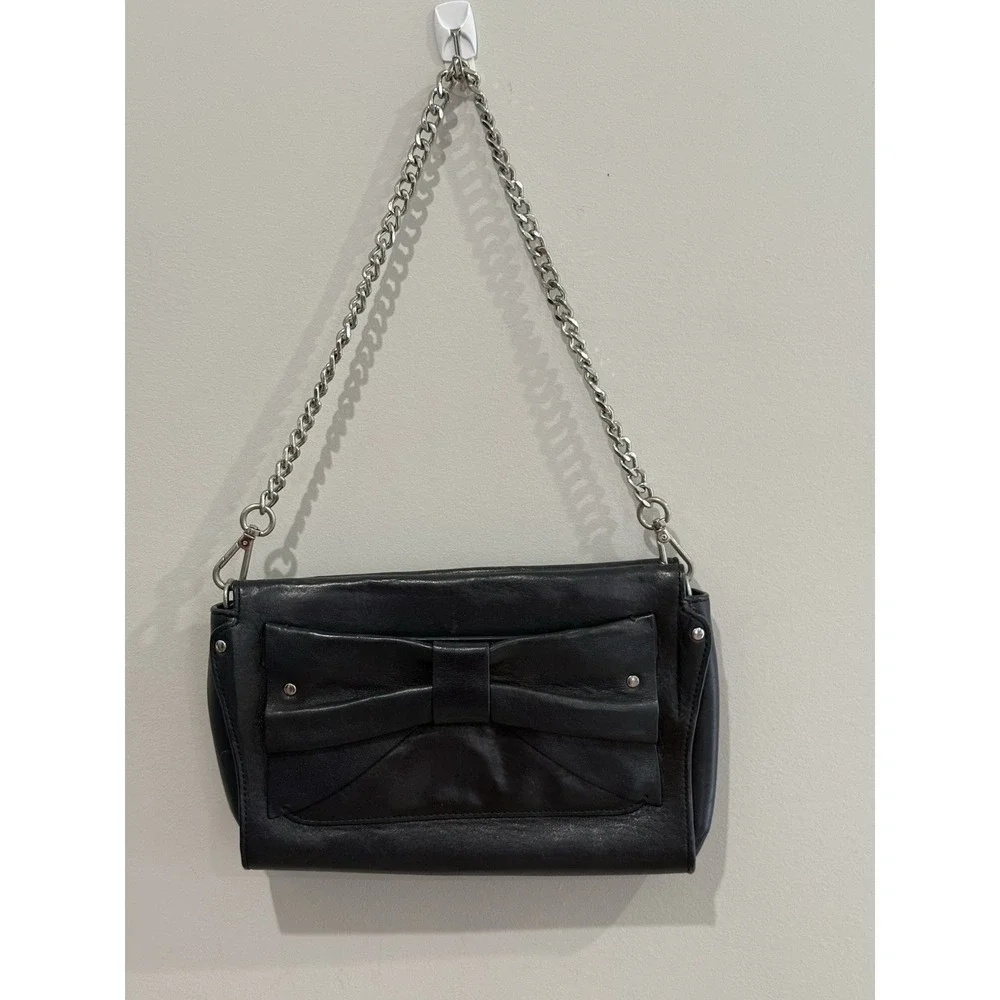 Nanette Lepore Navy Bow Leather Purse Silver Chain 7x11.5